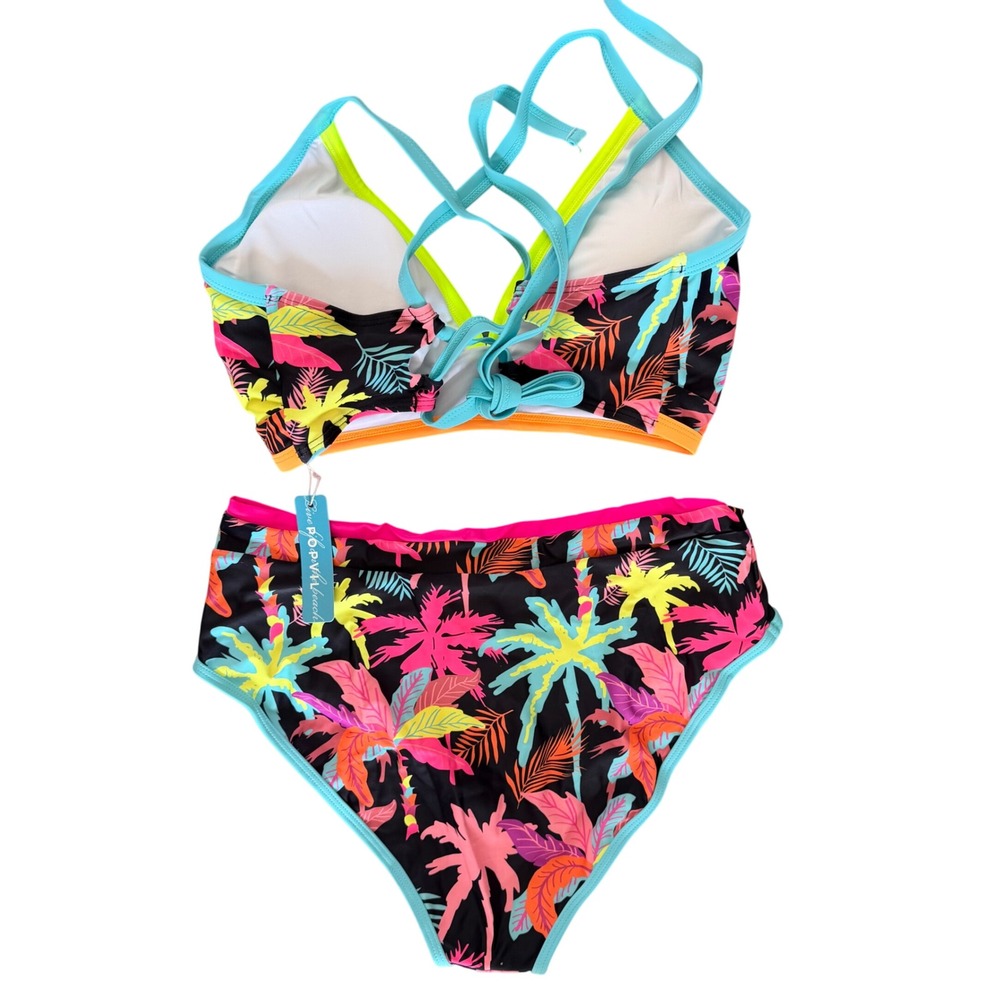 NWT Popvil Neon Tropical Print High Waisted Bikini Set 2 Piece Small - Picture 3 of 4